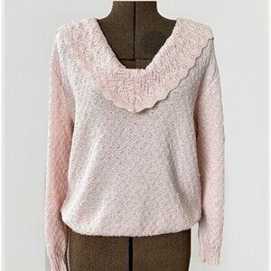 Vintage 80/90s Arielle NY Pink Textured Knit Sweater Scalloped Bib Collar USA